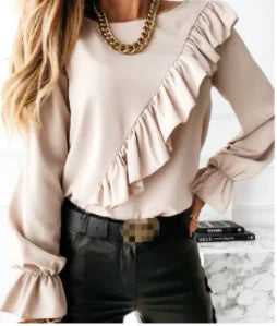 Office Work Ruffles O-Neck Blouse - Woman`s Clothing