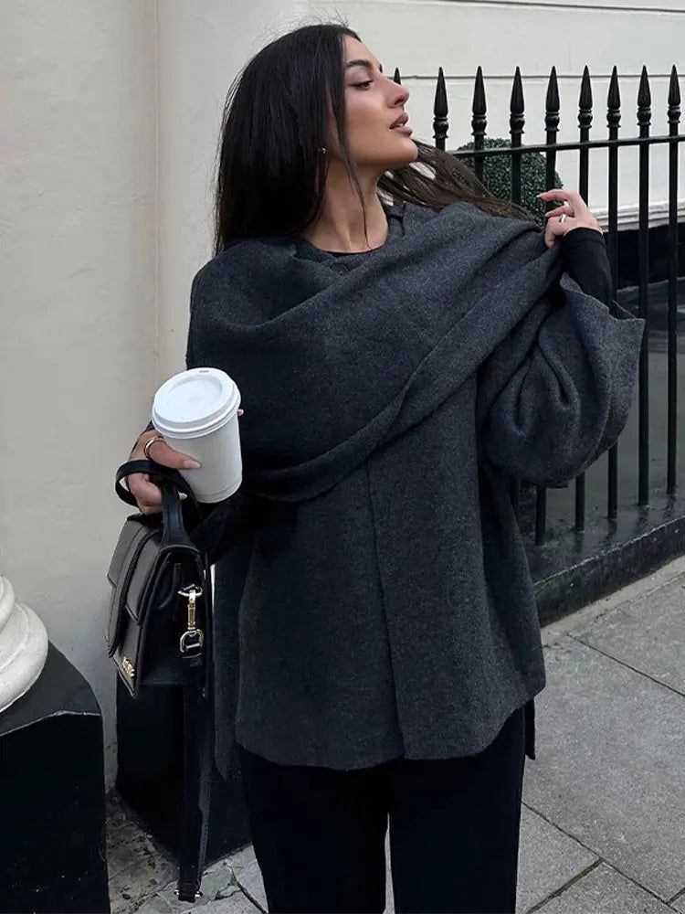 Elegant Knitted Cape Coat - Woman`s Clothing