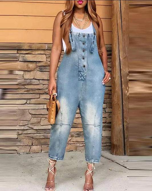 Sleeveless Denim Jumpsuit - Woman`s Clothing