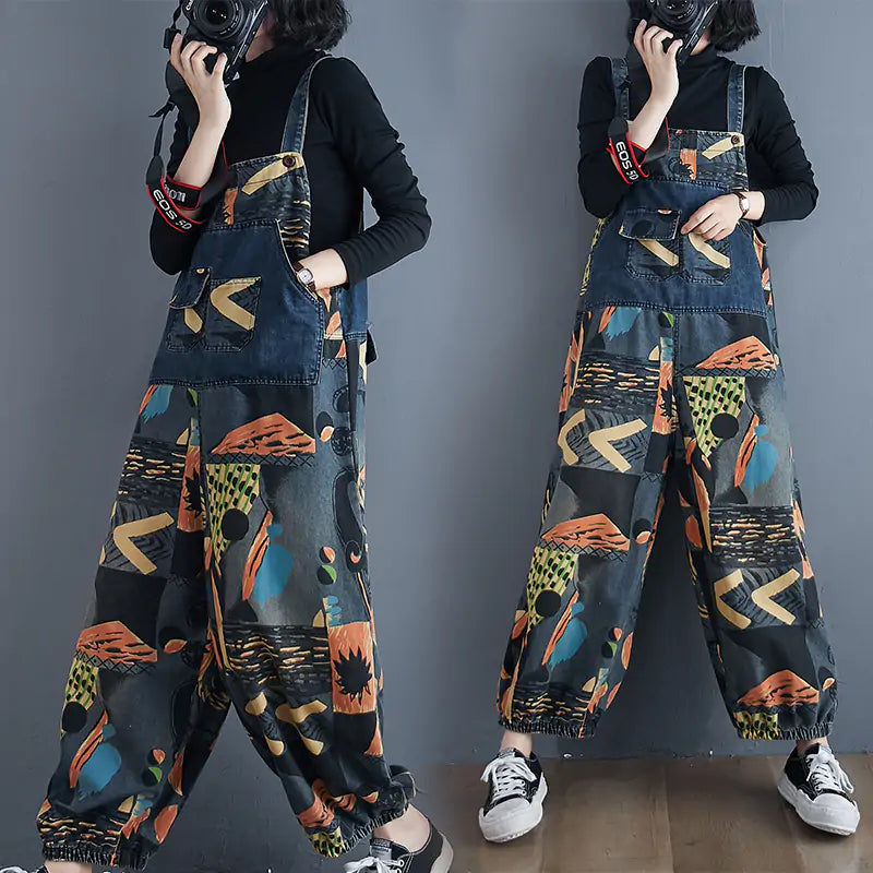 Abstract Print Denim Rompers - Woman`s Clothing