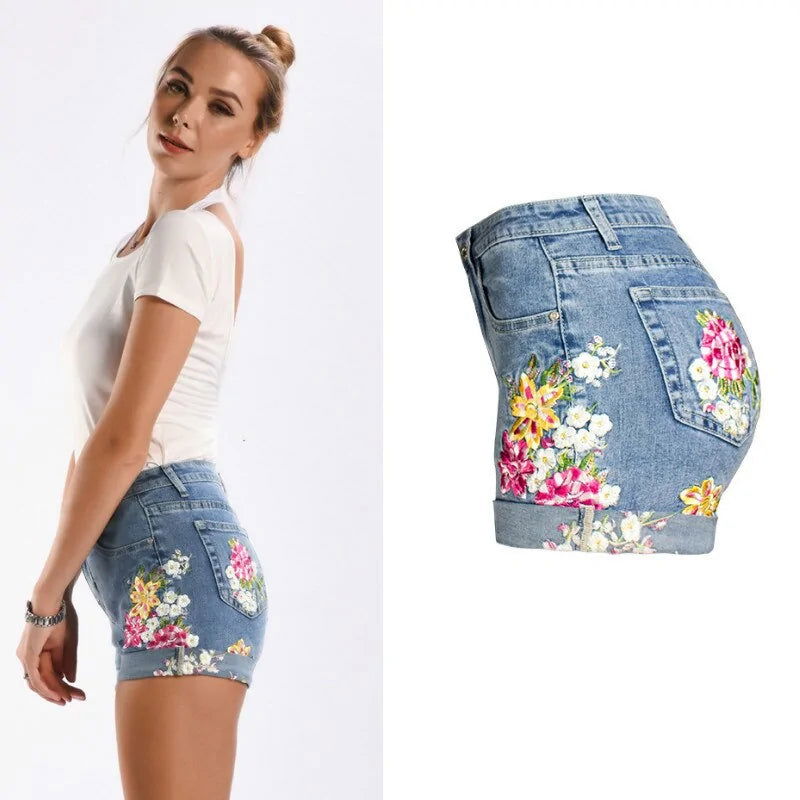 Flower Embroidery Denim Shorts - Woman`s Clothing