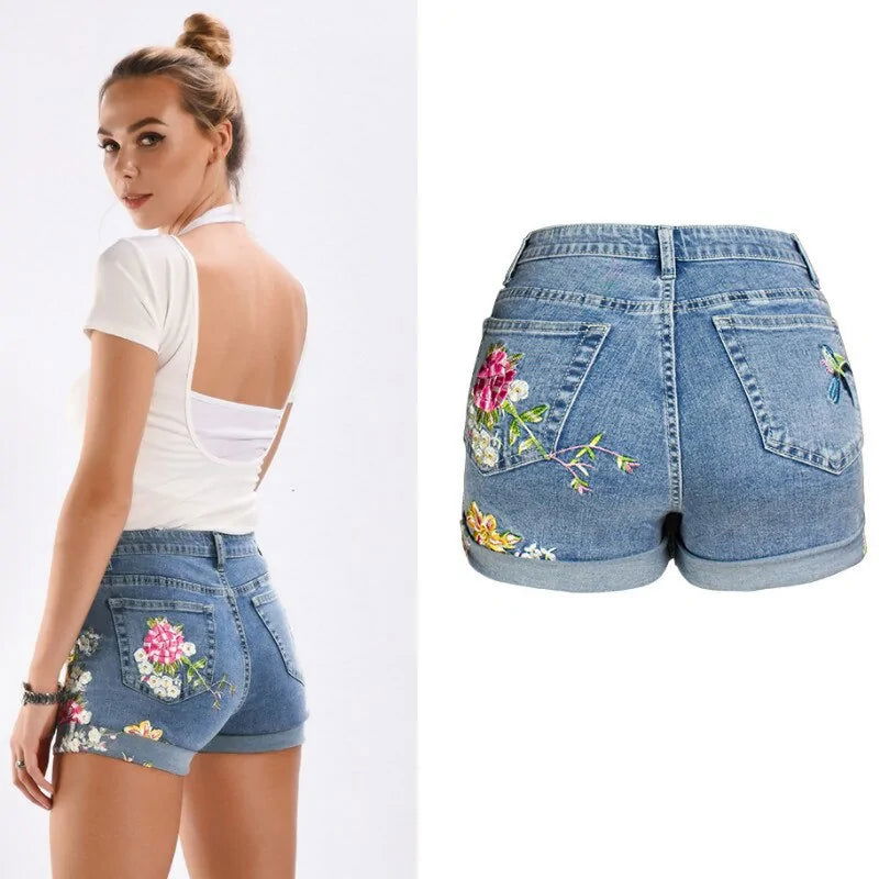 Flower Embroidery Denim Shorts - Woman`s Clothing