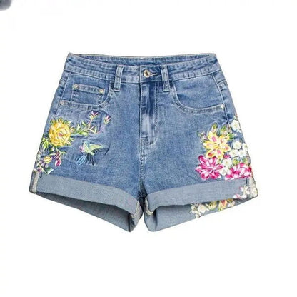 Flower Embroidery Denim Shorts - Woman`s Clothing