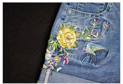Flower Embroidery Denim Shorts - Woman`s Clothing