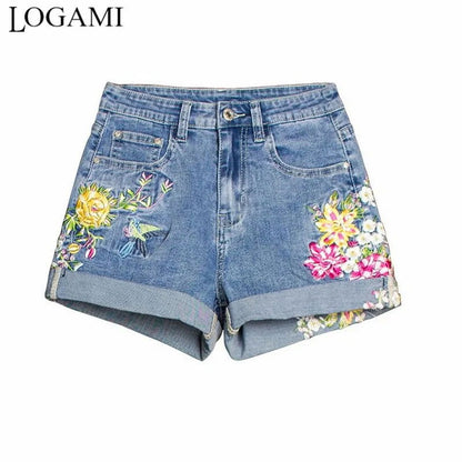 Flower Embroidery Denim Shorts - Woman`s Clothing