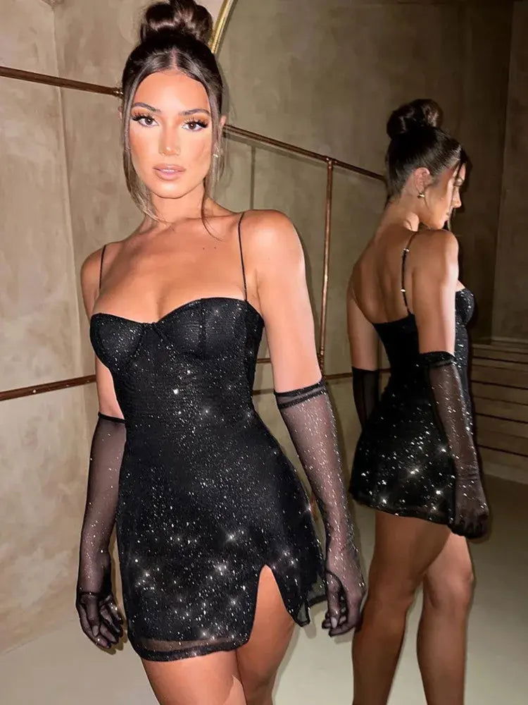 Glitter Off-Shoulder Mini Dress - Woman`s Clothing