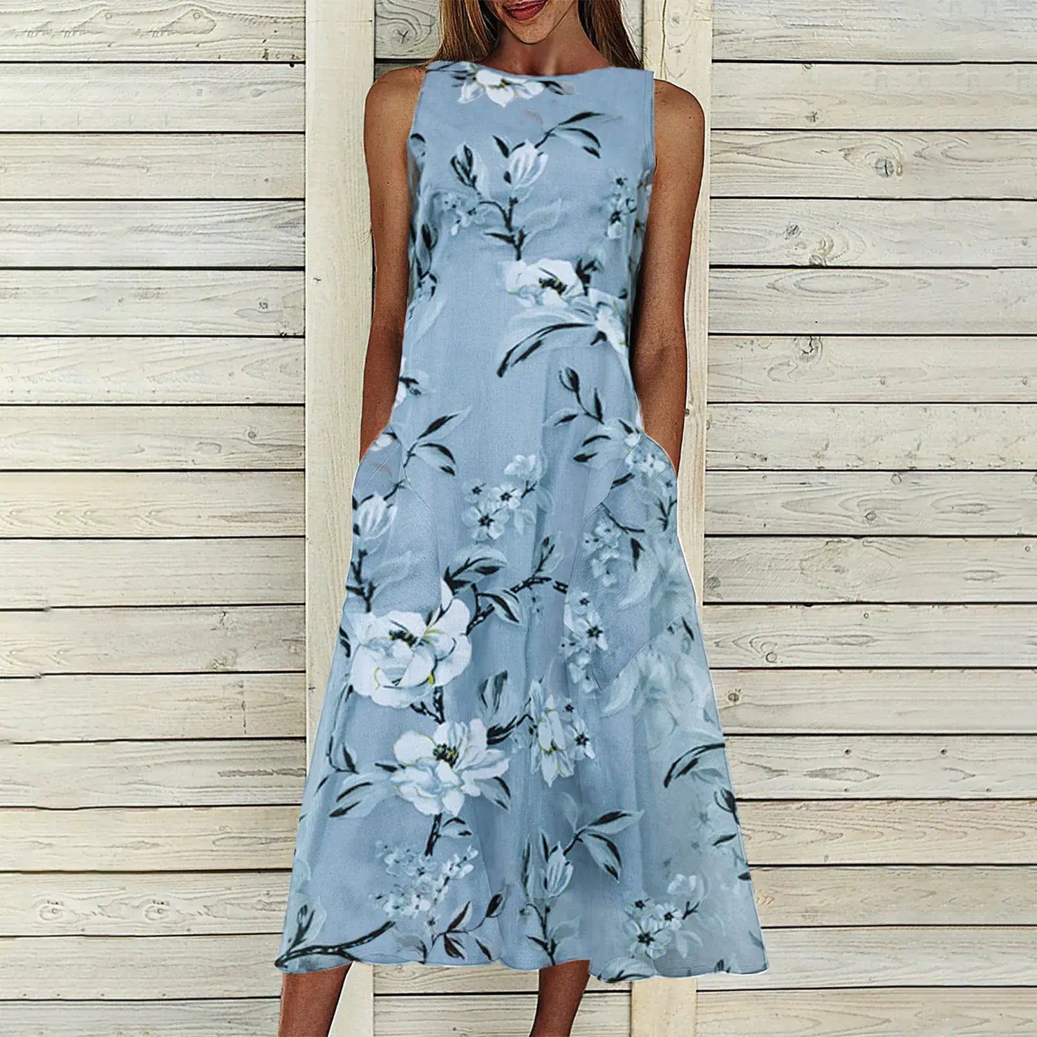 Floral Tunic Round Neck Mid-length A-line Dress