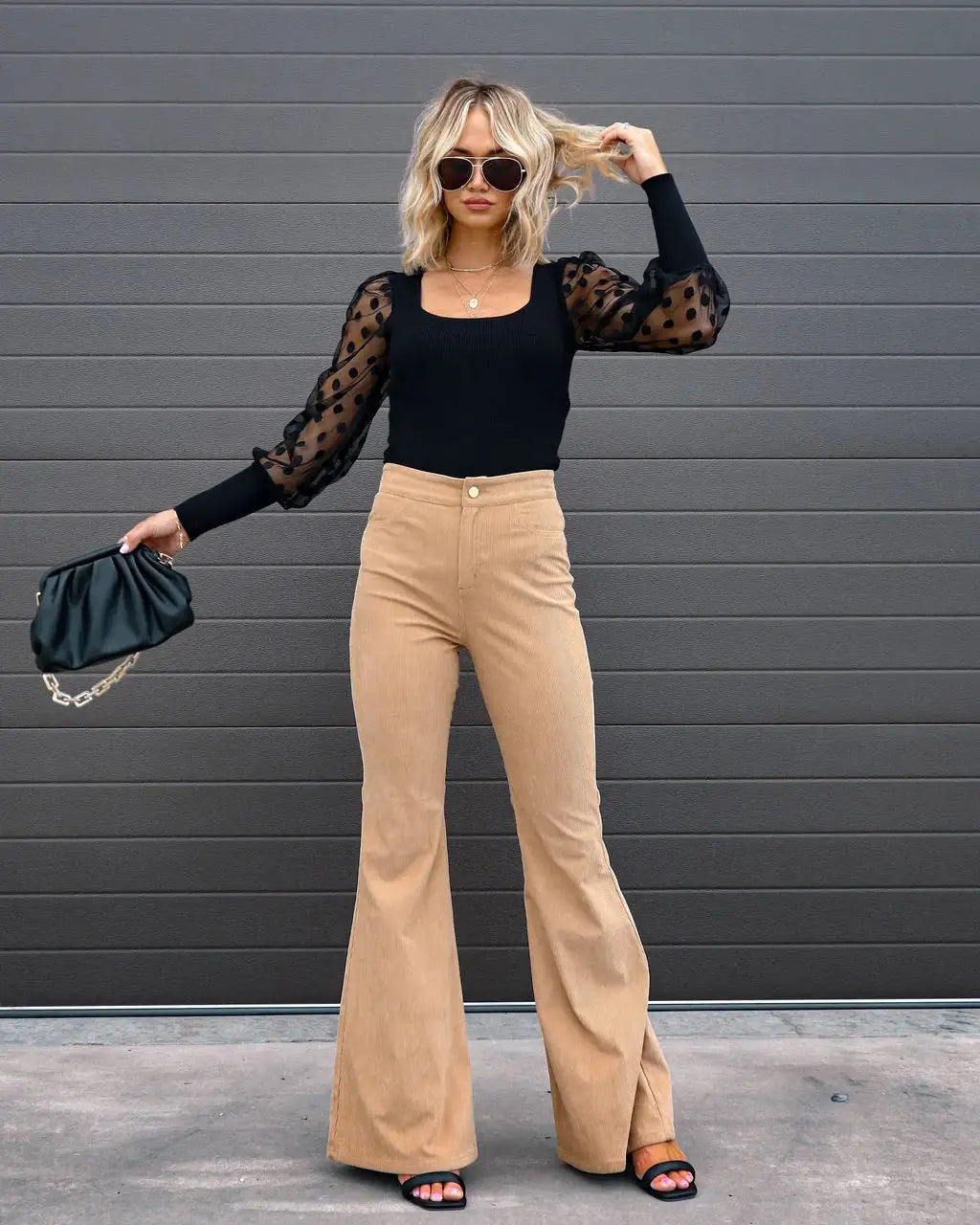 Women Corduroy Flared Pants Solid Color