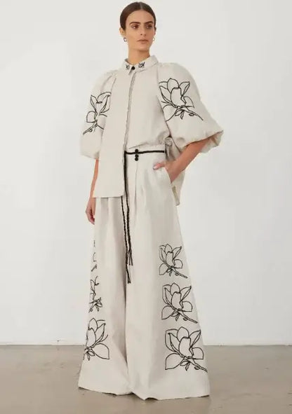 Spring/Summer Cotton-Linen Printed Wide-Leg Pants Suit Woman`s Clothing 59.00