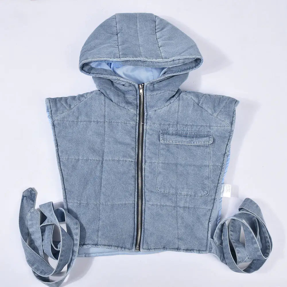 Hooded Denim Vest Jacket - Woman`s Clothing