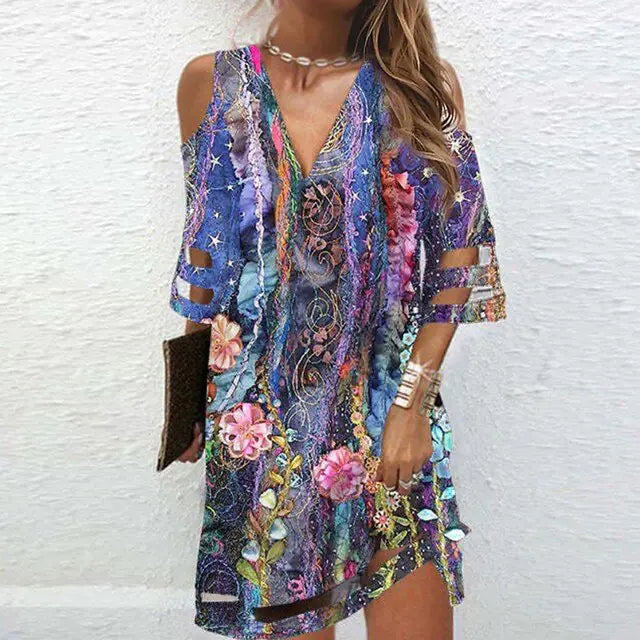 V Neck Summer Tie Dye Dress - Woman`s Clothing