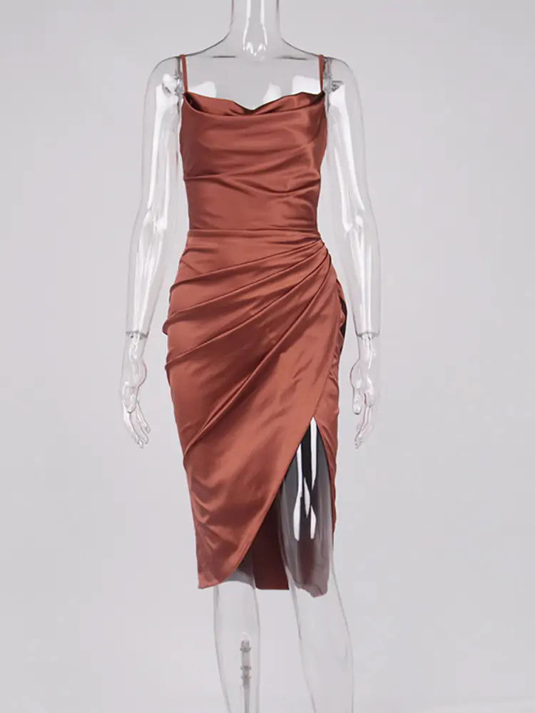 Midi Satin Split Adjustable Strap DressMidi Satin