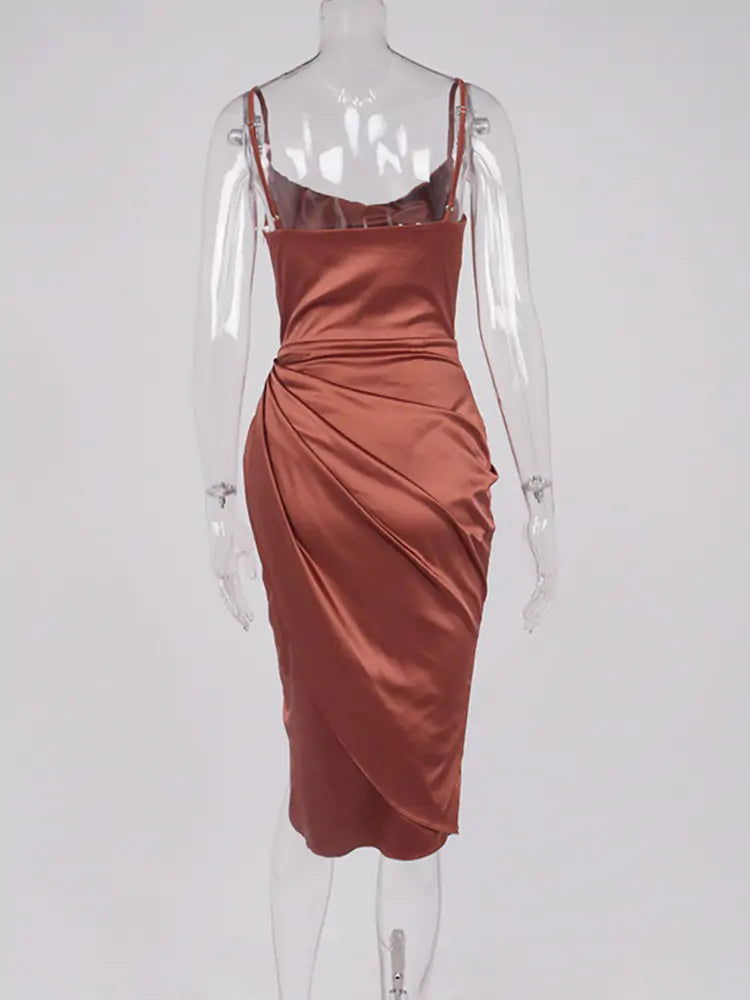 Midi Satin Split Adjustable Strap DressMidi Satin