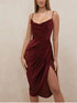 Midi Satin Split Adjustable Strap DressMidi Satin