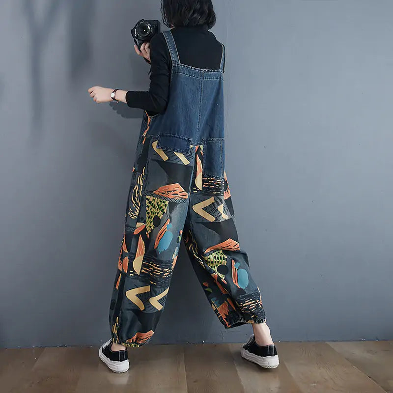 Abstract Print Denim Rompers - Woman`s Clothing