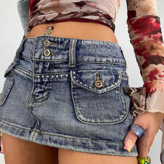 Vintage Diamond Denim Mini Skirt - Woman`s Clothing