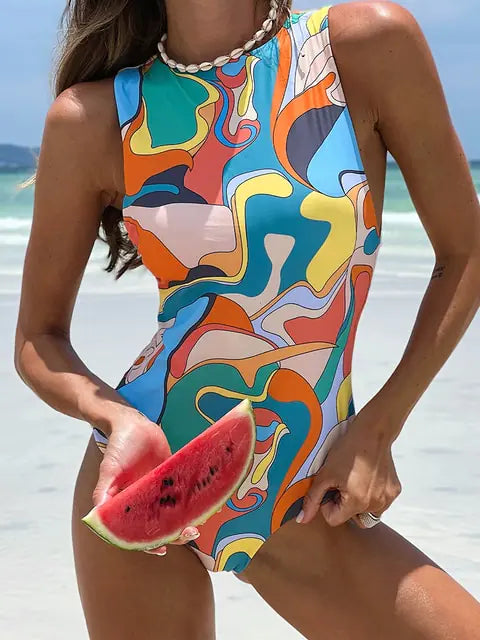 Peachtan Leaf Print Zipper One Piece Swimsuit