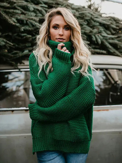 Warm Knitted Turtleneck Sweater - Woman`s Clothing