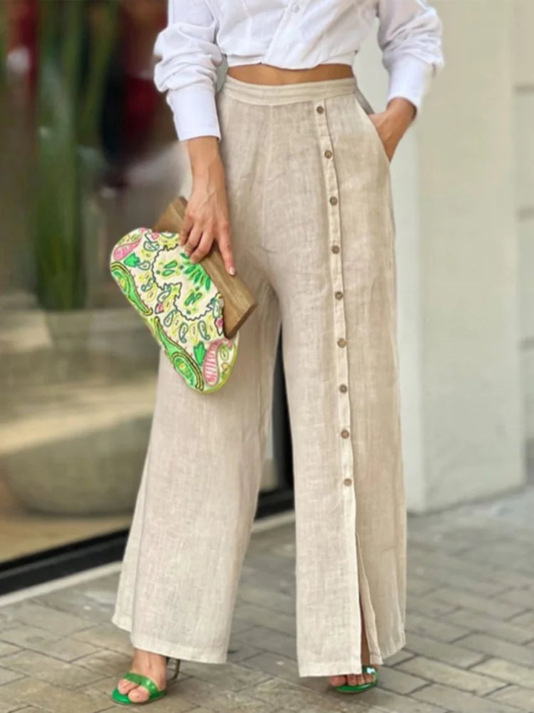 Long Sleeve Nipped Waist Top And Wide Legs Pants - Woman`s Clothing