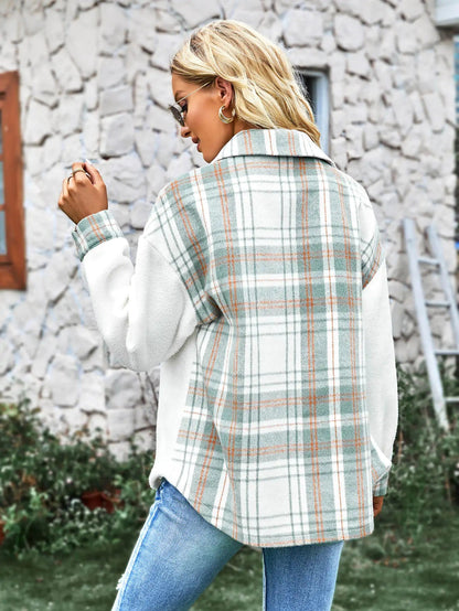 Plaid Contrast Button Front Spliced Sherpa JacketButton Frontjacket