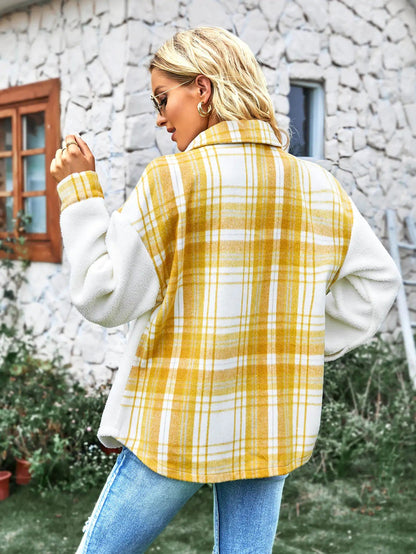 Plaid Contrast Button Front Spliced Sherpa JacketButton Frontjacket