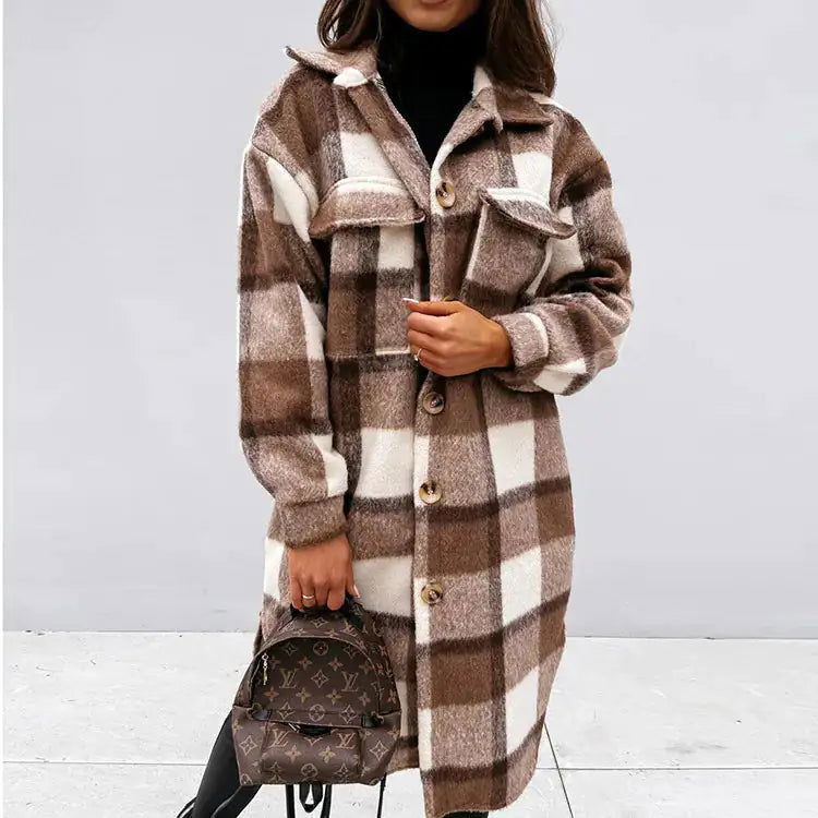 Plaid Printed Long Overcoat Jacket - Woman`s Clothing