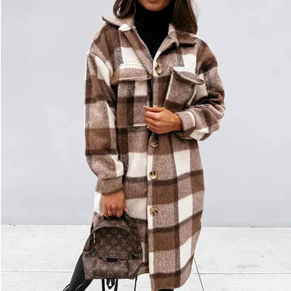 Plaid Printed Long Overcoat Jacket - Woman`s Clothing