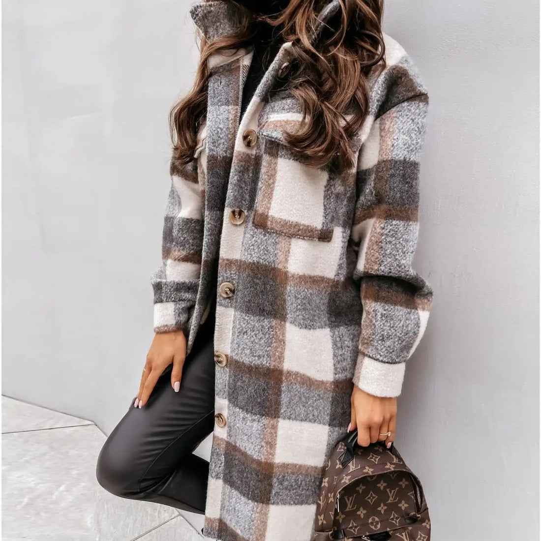 Plaid Printed Long Overcoat Jacket - Woman`s Clothing