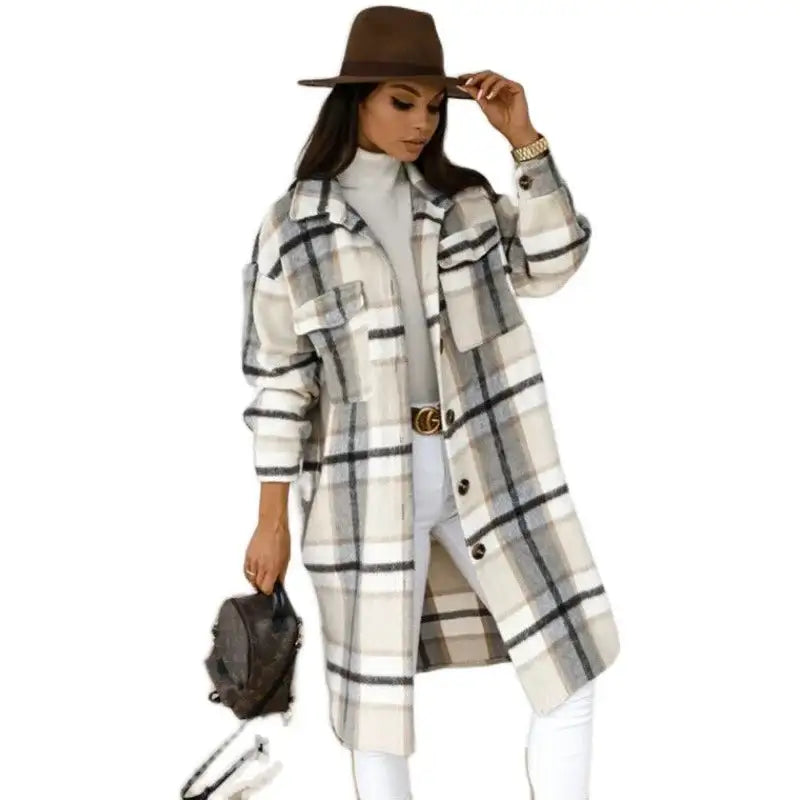 Plaid Printed Long Overcoat Jacket - Woman`s Clothing