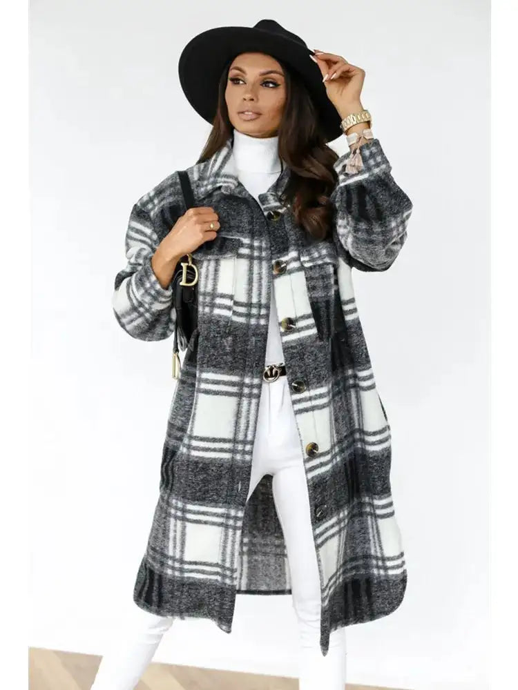 Plaid Printed Long Overcoat Jacket - Woman`s Clothing