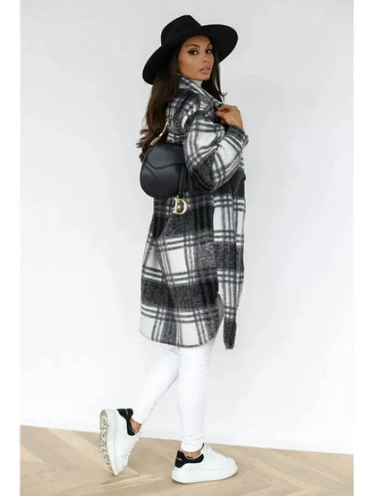 Plaid Printed Long Overcoat Jacket - Woman`s Clothing