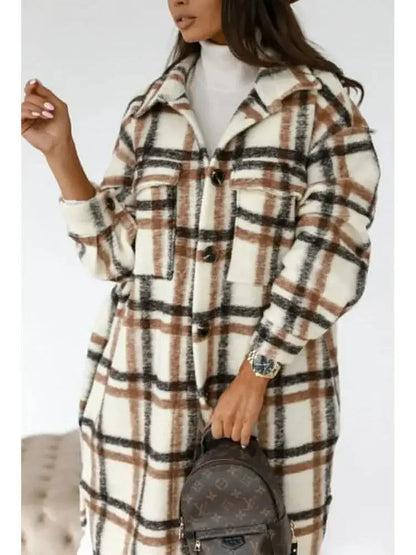 Plaid Printed Long Overcoat Jacket - Woman`s Clothing
