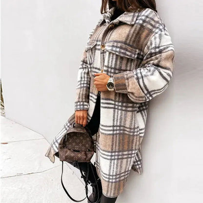 Plaid Printed Long Overcoat Jacket - Woman`s Clothing