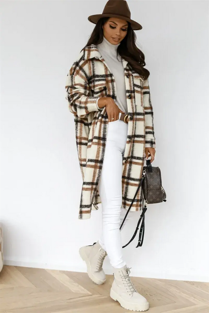 Plaid Printed Long Overcoat Jacket - Woman`s Clothing