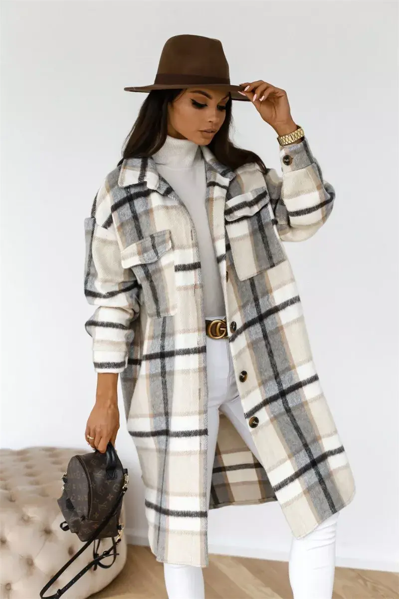 Plaid Printed Long Overcoat Jacket - Woman`s Clothing