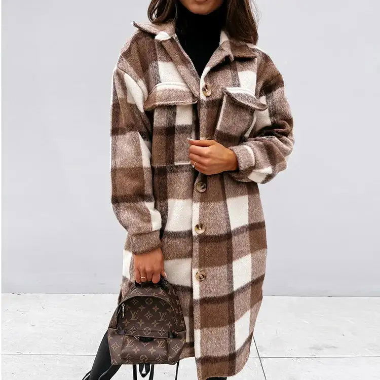 Plaid Printed Long Overcoat Jacket - Woman`s Clothing