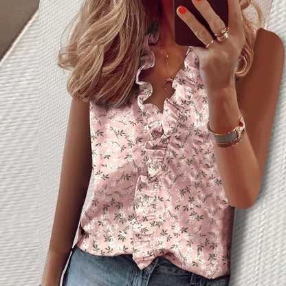 Print Summer Tank Top with Ruffles and V-neck - Woman`s Clothing