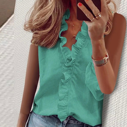 Print Summer Tank Top with Ruffles and V-neck - Woman`s Clothing
