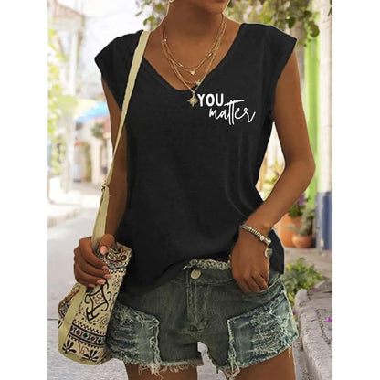 Printed Casual V-Neck Tank Top - Woman`s Clothing