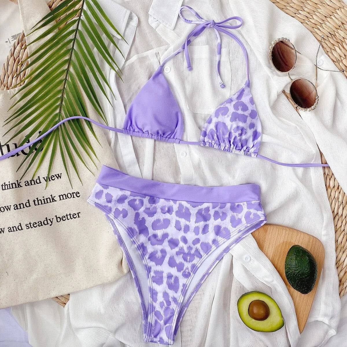 Purple Leopard and Black Bikini - Woman`s Clothing