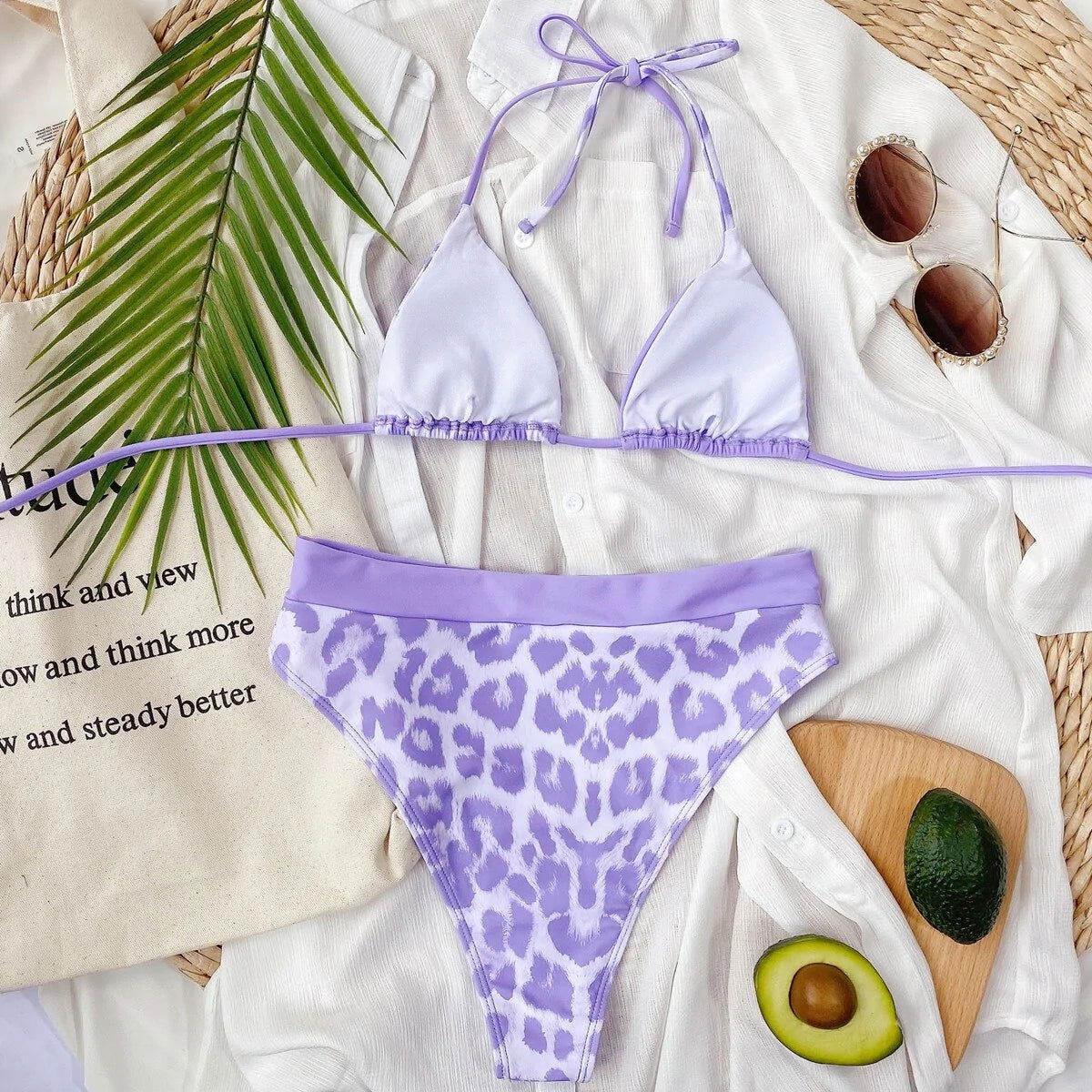 Purple Leopard and Black Bikini - Woman`s Clothing