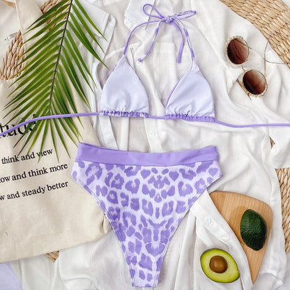 Purple Leopard and Black Bikini - Woman`s Clothing