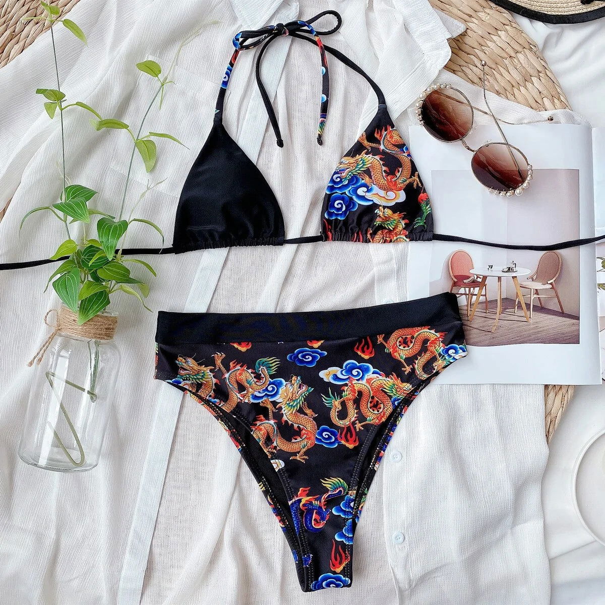 Purple Leopard and Black Bikini - Woman`s Clothing