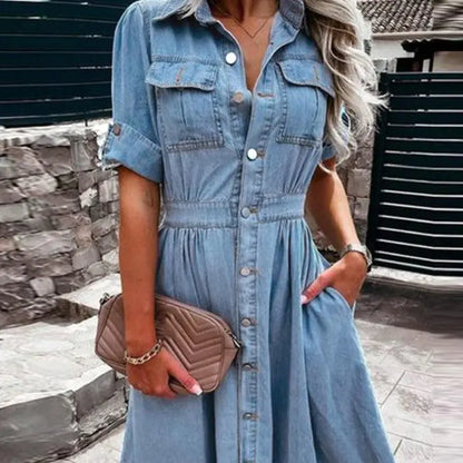 Denim Flip Collar Button Pockets Short Sleeve Woman`s Clothing 49.00