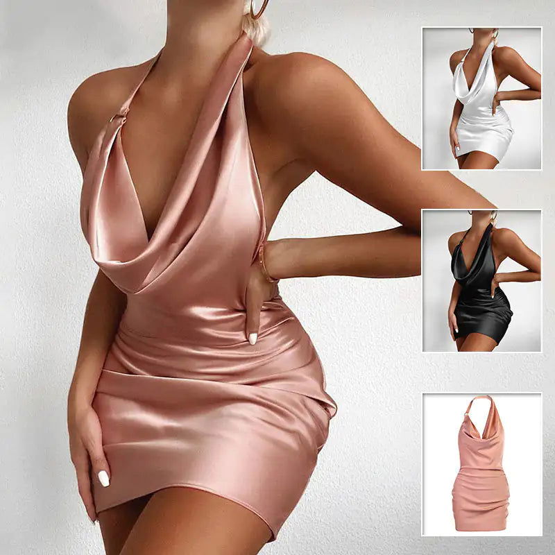 Satin Party Dress V Neck Backless  Dress - Woman`s Clothing
