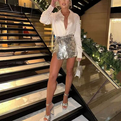 Sequin High-Waist Mini Skirt - Woman`s Clothing