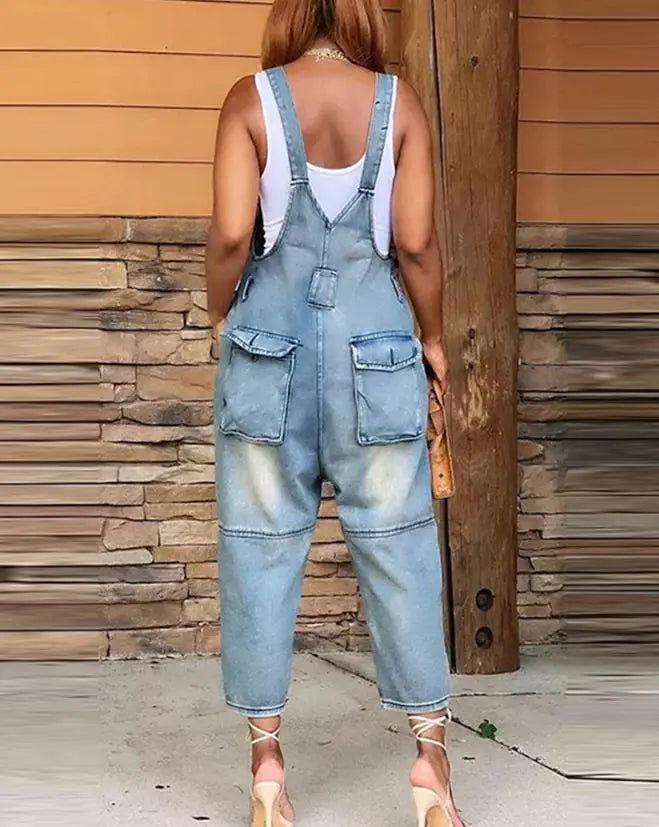 Sleeveless Denim Jumpsuit - Woman`s Clothing