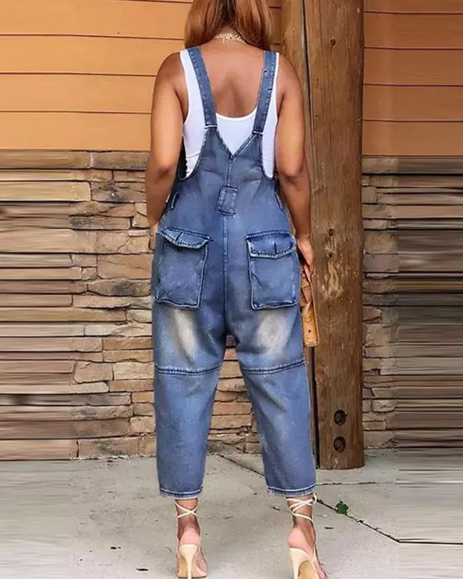 Sleeveless Denim Jumpsuit - Woman`s Clothing