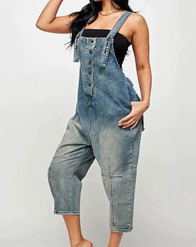 Sleeveless Denim Jumpsuit - Woman`s Clothing