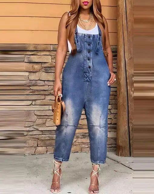 Sleeveless Denim Jumpsuit - Woman`s Clothing